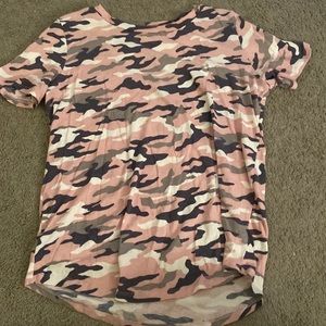 Short sleeve pink, green, gray, and white camo t-shirt
